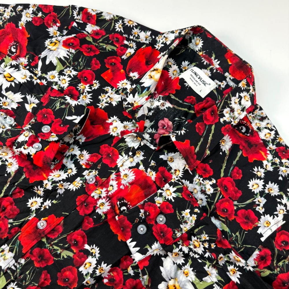 Tunevuse‎ Red Poppy Daisy Floral Button Up Shirt Men's Large